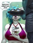  2023 angry anthro big_breasts black_body black_fur blue_hair breasts can&#039;t_see_the_haters canid canine canis cleavage clothed clothing colored_nails domestic_dog duo erect_nipples female friskyryu fur genitals gwen_mcgallway_(clickclock) hair hi_res id_card knot lipstick makeup male male/female mammal meme nails nipples penis penis_on_face speech_bubble text these_aren&#039;t_my_glasses underwear unknown_species white_body white_fur wolf yoshi2332 