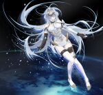  1girl android bare_shoulders blue_hair breasts cofffee elbow_gloves fingerless_gloves forehead_protector gloves highres kos-mos leotard long_hair planet solo space thighhighs very_long_hair white_leotard xenosaga 