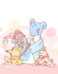  :d ^_^ animal_focus artist_name asakoline beanie black_eyes blanket closed_eyes colored_skin commentary_request crocodilian fuecoco hat horns lapras no_humans pikachu pokemon pokemon_(creature) red_headwear red_scarf scarf single_horn sitting smile tail white_background wooper yellow_skin 