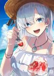  1girl age_nasuo anastasia_(fate) anastasia_(swimsuit_archer)_(fate) anastasia_(swimsuit_archer)_(first_ascension)_(fate) beach blue_eyes bracelet earrings fate/grand_order fate_(series) fingernails food grey_hair hat highres ice_cream jewelry long_hair ocean pendant redrawn signature spoon straw_hat white_hair 