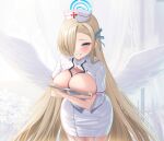  1girl absurdres angel_wings asuna_(blue_archive) asymmetrical_hair blonde_hair blue_archive blue_eyes blue_halo blush breasts breasts_out crossed_arms elsynien flower garter_belt hair_ornament hair_over_one_eye halo hat highres large_breasts long_hair looking_at_viewer mole mole_on_breast no_bra nurse nurse_cap smile solo very_long_hair white_flower wings 