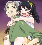  2girls aged_down arms_around_neck bandaid bandaid_on_knee bandaid_on_leg black_hair brown_eyes camisole cane carrying commentary girls_und_panzer grandmother_and_granddaughter green_kimono grey_hair grin hair_bun hair_ribbon highres japanese_clothes kimono long_hair long_sleeves looking_at_another looking_at_viewer multiple_girls nabeyu one_eye_closed open_mouth piggyback reizei_hisako reizei_mako ribbon short_hair shorts smile standing tearing_up white_camisole yellow_ribbon yellow_shorts 