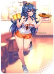  1girl alternate_costume bare_arms bare_legs bare_shoulders beer_mug blue_eyes blue_hair breasts cleavage commentary_request cup fire_emblem fire_emblem_awakening full_body grin hands_up holding holding_cup hooters indoors large_breasts long_hair looking_at_viewer lucina_(fire_emblem) mug orange_shorts shoes short_shorts shorts smile sneakers solo standing standing_on_one_leg sugarbell tank_top thighs tiara tray very_long_hair white_footwear white_tank_top 