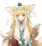  animal_ears arknights bag basket black_cat blonde_hair blue_hairband blue_skirt blush brown_bag cardigan cat commentary cowboy_shot creature_on_head flower fox_ears fox_tail frilled_hairband frills green_eyes hair_ornament hair_scrunchie hairband handbag heixiu highres holding holding_basket kitsune kyuubi long_hair long_sleeves measho multicolored_hair multiple_tails neck_ribbon official_alternate_costume on_head open_cardigan open_clothes open_mouth pink_flower puffy_long_sleeves puffy_sleeves red_ribbon ribbon scrunchie shirt shoulder_bag skirt sleeve_cuffs stitches suzuran_(arknights) suzuran_(spring_praise)_(arknights) symbol-only_commentary tail triangle_mouth two-tone_hair white_background white_hair white_shirt yellow_cardigan 