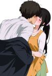  1boy 1girl apron black_hair blush breasts chitanda_eru closed_eyes collared_shirt green_skirt heart hetero highres hyouka jacket kiss kissing_cheek large_breasts long_hair long_sleeves mery_(yangmalgage) off_shoulder orange_apron oreki_houtarou ponytail shirt short_hair simple_background skirt 