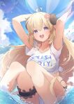  1girl :d ahoge armpits blonde_hair blue_sky breasts eat_some_cookie fake_horns highres hololive horns large_breasts long_hair outdoors sky smile solo swimsuit tsunomaki_watame virtual_youtuber water wet 