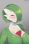  1girl absurdres breasts cleavage collarbone drawing english_commentary gardevoir green_hair grey_background half-closed_eyes highres large_breasts looking_at_viewer non-web_source owlh patreon_username pokemon pokemon_(creature) red_eyes self-upload short_hair source_request upper_body 