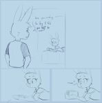  agidyne anthro bed comic dialogue disappointed duo female furniture hi_res lagomorph leporid lying male mammal on_bed on_front post-it_note rabbit reading rose_(agidyne) shoulderless_topwear simple_background simple_coloring stephen_(agidyne) 