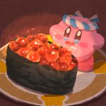  blue_eyes blush_stickers fish_(food) food food_focus hachimaki headband highres ikura_(food) kirby kirby_(series) miclot no_humans open_mouth pink_footwear plate shoes sparkle sushi 