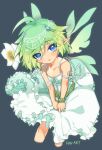  1boshi 1girl ahoge bare_shoulders blue_background blue_eyes bracelet cropped_legs dress echo_(housamo) english_text fairy fairy_wings flower frilled_dress frills green_hair hair_between_eyes head_chain jewelry leaf_bracelet looking_at_viewer medium_hair parted_lips pointy_ears ribbon sidelocks simple_background solo spaghetti_strap tokyo_afterschool_summoners white_dress white_ribbon wings 