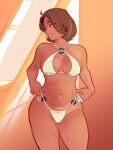  1girl adjusting_clothes adjusting_swimsuit bikini breasts brown_hair cameltoe dark-skinned_female dark_skin day english_commentary highres looking_to_the_side mature_female medium_breasts navel neal_d._anderson nora_(neal_d._anderson) o-ring o-ring_bikini o-ring_bottom o-ring_top original parted_lips short_hair smile solo standing swimsuit thighs variant_set white_bikini 