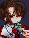  1boy blue_background brown_hair collared_shirt commentary_request e.g.o_(project_moon) employee_(lobotomy_corporation) holding holding_pen jacket lobotomy_corporation male_focus necktie pen pen_to_mouth project_moon red_eyes red_necktie shirt short_hair shot_(urem) simple_background sketch solo white_jacket white_shirt 