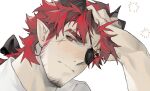  1boy arknights bara demon_horns drunk goatee_stubble hand_in_own_hair head_tilt highres hoederer_(arknights) horns long_hair looking_at_viewer male_focus mature_male portrait red_eyes red_hair shirt shy sideburns_stubble sleep_bubble sparse_stubble thick_eyebrows waking_up wavy_mouth yaoyaore 