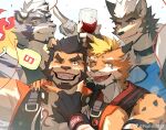  4boys :d alca_the_lion animal_ears bara beard beenic black_hair cup dog_boy dog_ears drinking_glass facial_hair fiery_headphones finger_gun furry furry_male grey_fur gyee hand_on_another&#039;s_chin jaguar_boy lion_boy lion_ears looking_at_viewer mature_male multiple_boys muscular muscular_male original pectoral_cleavage pectorals romg_the_jaguar salute second-party_source short_hair smile thick_eyebrows toseii two-finger_salute upper_body uutiger wine_glass 