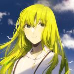  1other androgynous bird blue_sky blurry blurry_background closed_mouth cloud cloudy_sky day enkidu_(fate) fate/grand_order fate/strange_fake fate_(series) gangan_arjun green_hair grey_eyes hair_between_eyes lens_flare light_particles long_hair looking_at_viewer outdoors robe sky smile solo sunlight twitter_username upper_body white_bird white_robe 