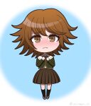  1boy artist_name blue_background blush brown_eyes brown_hair danganronpa:_trigger_happy_havoc danganronpa_(series) fujisaki_chihiro full_body green_jacket highres jacket kneehighs long_sleeves looking_at_viewer male_focus neck_ribbon otoko_no_ko pleated_skirt ribbon shirt shoes short_hair skirt smile socks solo suiren_yurei tearing_up white_background 