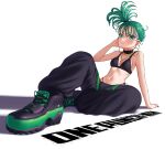  1girl bead_necklace beads black_bra bra copyright_name earrings green_eyes green_hair highres hoop_earrings jewelry looking_at_viewer medium_hair navel necklace one-punch_man pietrosatou punk shoes sneakers solo tatsumaki underwear 