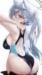  1girl absurdres animal_ear_fluff animal_ears ass back bare_shoulders blue_archive blue_eyes blue_one-piece_swimsuit blush breasts cross_hair_ornament extra_ears grey_hair hair_ornament halo highleg highleg_swimsuit highres kazane-wind large_breasts long_hair looking_at_viewer looking_back multicolored_clothes multicolored_swimsuit one-piece_swimsuit shiroko_(blue_archive) shiroko_(swimsuit)_(blue_archive) shiroko_(terror)_(blue_archive) sidelocks solo swimsuit wet wolf_ears 