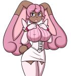  absurd_res anthro big_breasts blissey bracelet breasts brown_body brown_fur chabooey clothed clothing eyelashes eyewear female fur generation_2_pokemon generation_4_pokemon glasses hair hand_on_breast hi_res hybrid jewelry lopunny melissa_(sparkingyagi) nintendo nipple_outline open_mouth pink_clothing pink_hair pokemon pokemon_(species) purple_eyes solo tail 