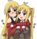  2girls :d ahoge ahoge_wag bare_shoulders black_choker black_tank_top blonde_hair blush bocchi_the_rock! brown_sweater choker collarbone collared_shirt commentary expressive_hair heart hug hug_from_behind ijichi_nijika ijichi_seika long_hair long_sleeves multiple_girls nose_blush off-shoulder_sweater off_shoulder open_mouth parted_bangs puffy_sleeves red_eyes red_sweater shadow shirt siblings side_ponytail sidelocks signature simple_background sisters smile sweatdrop sweater takocyu_343 tank_top translated upper_body very_long_hair white_background white_shirt 