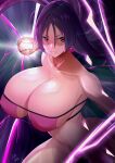  1girl absurdres ball breasts collarbone fate/grand_order fate_(series) highres holding holding_ball huge_breasts lee-taro minamoto_no_raikou_(fate) open_mouth purple_eyes purple_hair solo teeth 