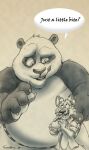  2008 anthro bear belly big_belly bottomwear canid canine canis chubby_anthro chubby_male claws clothing dialogue dreamworks duo ear_piercing ear_ring ears_up eye_contact fangs food fur giant_panda holding_food holding_object holding_sandwich jacket krystal_can&#039;t_enjoy_her_sandwich kung_fu_panda looking_at_another male mammal master_po_ping meme open_mouth overweight overweight_anthro overweight_male pants piercing ring_piercing sandwich_(food) signature size_difference slightly_chubby speech_bubble teaselbone teaselbone_(character) teeth text tongue topwear wolf 