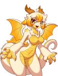  absurd_res anthro belly_scales breasts claws dragon featureless_breasts female hair hi_res horn jasmin_(jasminthemanticore) jasminthemanticore membrane_(anatomy) membranous_wings open_mouth scales scalie small_wings smile white_body white_hair wings yellow_body yellow_scales 