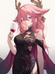  1girl alcohol animal_ears black_dress blush breasts closed_mouth commission cup dress drinking_glass earrings floppy_ears floral_print fox_ears genshin_impact hair_between_eyes hair_ornament highres holding holding_cup jewelry large_breasts long_hair looking_at_viewer oioi_ainomo pink_hair purple_eyes purple_nails side_slit smile solo wine_glass yae_miko 