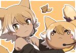  1girl animal_ears black_jacket blonde_hair camisole coyopotato coyote_(kemono_friends) extra_ears food gloves jacket kemono_friends kemono_friends_v_project looking_at_viewer microphone rumenia_(ao2is) short_hair simple_background sweet_potato tail virtual_youtuber wolf_ears wolf_girl wolf_tail yellow_background yellow_eyes 