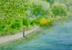  1other bush fishing fishing_rod grass highres holding holding_fishing_rod naoy_watercolor original painting_(medium) plant reflection reflective_water scenery solo tall_grass traditional_media tree water watercolor_(medium) 