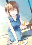  1girl :d ^_^ bare_arms barefoot blue_shirt blush breasts brown_hair closed_eyes collarbone collared_shirt day denim dutch_angle facing_viewer food hand_out_of_frame hand_up highres holding holding_food humuyun indoors jeans kneeling knees_together_feet_apart large_breasts medium_hair misaki_kyouko_(summer_pockets) mole mole_under_mouth notice_lines official_art open_mouth pants shirt short_ponytail sidelighting sleeveless sleeveless_shirt smile solo summer_pockets table tatami 