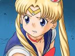  1girl bishoujo_senshi_sailor_moon blonde_hair blue_eyes blue_sailor_collar breasts choker circlet cleavage commentary_request derivative_work double_bun earrings gotou_kenji hair_bun heart highres jewelry long_hair meme portrait red_choker sailor_collar sailor_moon sailor_moon_redraw_challenge_(meme) screencap_redraw small_breasts solo sweat tsukino_usagi twintails 