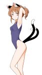  1girl :/ adjusting_hair alternate_costume alternate_hairstyle animal_ear_fluff animal_ear_piercing animal_ears armpits arms_up bare_legs blush breasts brown_eyes brown_hair cat_ears cat_tail chen closed_mouth commentary_request earrings expressionless feet_out_of_frame highres jewelry multiple_tails nekomata one-piece_swimsuit petite shiisuu_rattamu short_hair simple_background single_earring small_breasts solo swimsuit tail touhou two_tails white_background 