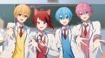  4boys :d ahoge animal_ears black_nails blazer blonde_hair blue_cardigan blue_eyes blue_hair blue_sweater brown_eyes buttons cardigan chalkboard classroom clenched_hand collared_shirt desk dog_ears double-parted_bangs fingernails hair_between_eyes hanamirai_(strawberry_prince) hand_on_own_chest heterochromia highres indoors jacket jel_(stpri) lapels light_blue_hair long_bangs long_sleeves looking_at_viewer loose_necktie male_focus multiple_boys necktie notched_lapels open_collar open_mouth orange_eyes outstretched_hand pink_cardigan purple_eyes ramio3_2 reaching_towards_viewer red_cardigan red_hair red_necktie rinu_(stpri) root_(stpri) satomi_(stpri) school_desk school_uniform shirt short_hair smile speaker strawberry_prince sunlight sweater swept_bangs unbuttoned upper_body white_jacket white_shirt yellow_eyes yellow_sweater 