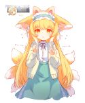  1girl absurdres animal_ears aqua_hairband aqua_skirt arknights blonde_hair blush cardigan cat_ears claw_pose colorized commentary cross-laced_clothes cross-laced_skirt cross-laced_slit cy_fros fake_animal_ears fox_ears fox_girl fox_tail frilled_hairband frills hair_ornament hair_scrunchie hairband hands_up high-waist_skirt highres kitsune kyuubi long_hair long_sleeves looking_at_viewer multicolored_hair multiple_tails neck_ribbon official_alternate_costume open_cardigan open_clothes orange_eyes parted_lips puffy_long_sleeves puffy_sleeves red_ribbon ribbon scrunchie shirt simple_background skirt solo straight-on straight_hair suzuran_(arknights) suzuran_(spring_praise)_(arknights) symbol-only_commentary tail two-tone_hair white_background white_hair white_shirt yellow_cardigan 