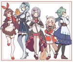  5girls :d adapted_costume ahoge amber_(genshin_impact) animal_ears ascot black_dress black_pantyhose black_thighhighs blonde_hair blue_hair blue_skirt blush boots bow braid broom brown_corset brown_eyes brown_hair corset dodoco_(genshin_impact) dress eula_(genshin_impact) floppy_ears food genshin_impact glasses green_eyes green_hair grey_hair hair_bow high_heels holding holding_broom klee_(genshin_impact) low_ponytail low_twintails maid_day maid_headdress multiple_girls noelle_(genshin_impact) open_mouth pancake pancake_stack pantyhose red_ascot red_bow red_dress red_eyes red_footwear shoes skirt smile sucrose_(genshin_impact) thigh_boots thighhighs twintails vision_(genshin_impact) waa_(wawawaa1005) white_dress white_footwear white_thighhighs yellow_eyes 