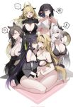  6+girls anger_vein animal_ears arknights arm_under_breasts asymmetrical_docking black_bra black_gloves black_sweater blonde_hair blue_eyes blush bottomless bra breast_envy breast_press breasts breasts_squeezed_together brown_eyes brown_hair character_request choker cleavage clenched_teeth collarbone crop_top earrings eunectes_(arknights) floating_hair gloves hair_between_eyes hand_on_own_cheek hand_on_own_face highres holding_hands horns jewelry lace-trimmed_bra lace_trim long_hair looking_at_viewer midriff mudrock_(arknights) multiple_girls ness_(pjw0168) open_clothes open_mouth open_shirt pointy_ears ponytail ribbed_sweater seiza shrug_(clothing) sideboob simple_background sitting slit_pupils snake_tail speech_bubble spoken_anger_vein spoken_blush spoken_squiggle spoken_zzz squiggle strap_slip sweater tail teeth torn_clothes translated turtleneck turtleneck_sweater underboob underwear v_arms very_long_hair white_background yellow_pupils zzz 