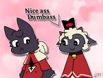  annoyed anthro bovid caprine cloak clothing crown cult_of_the_lamb duo felid feline grey_body headgear lamb_(cult_of_the_lamb) litelikesdraw male mammal narinder pink_background red_eyes robe sheep simple_background smile wool_hair 