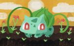  absurdres bright_pupils bulbasaur claws cloud coopoppo dirt faux_traditional_media garden highres no_humans no_mouth orange_sky plant pokemon pokemon_(creature) red_eyes sky solo sprout sun vines white_pupils 