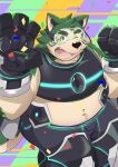  absurd_res anthro armor belly canid canine canis confetti domestic_dog eyewear fur goggles green_body green_fur hi_res lifewonders live_a_hero male mammal midriff mokdai navel nazebesu_hobby one_eye_closed overweight solo superhero wink 