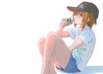  1girl baseball_cap black_headwear blue_shorts brown_eyes brown_hair collarbone commentary_request dresstrip drink from_side hair_between_eyes hat holding holding_drink k-on! knees_up looking_at_viewer shirt short_sleeves shorts simple_background sitting solo t-shirt tainaka_ritsu white_background white_shirt 