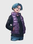  1boy :d black_shirt blue_eyes blue_hair blue_pants dragon_ball dragon_ball_super dragon_ball_super_super_hero grey_background kemachiku long_sleeves looking_at_viewer male_focus open_mouth pants purple_vest shirt short_hair simple_background smile solo trunks_(dragon_ball) vest 