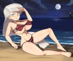  1girl arm_up bare_legs barefoot barleyshake bikini blue_eyes breasts commission copyright_request full_body full_moon grey_hair highres horizon large_breasts lighthouse long_hair looking_at_viewer moon navel night pixiv_commission shadow sitting sky smile solo star_(sky) starry_sky striped striped_bikini swimsuit very_long_hair 