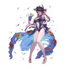  1girl bare_shoulders black_dress black_headwear breasts cleavage clothing_cutout cuboon dress dress_swimsuit drink fire_emblem fire_emblem_engage fire_emblem_heroes flower full_body hair_ornament hat ivy_(fire_emblem) large_breasts long_hair looking_at_viewer midriff mole mole_under_mouth navel non-web_source official_alternate_costume official_art one-piece_swimsuit purple_eyes purple_hair smile solo stomach stomach_cutout swimsuit 
