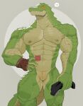  abs absurd_res anthro biceps biped blush blush_lines clothing condom_wrapper crocodile crocodilian crocodylid endn fingers gloves green_body green_scales handwear hi_res looking_at_viewer male muscular muscular_anthro muscular_male navel nipples nude pecs pupils reptile scales scalie sharp_teeth simple_background slit slit_pupils solo speech_bubble tail tan_body tan_scales teeth underwear vein 