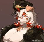  1boy animal_ears arknights bara bare_pectorals brown_fur dog_boy dog_ears expressionless furry furry_male hat horns huge_eyebrows hung_(arknights) hung_(just_a_driver)_(arknights) large_pectorals looking_at_viewer male_focus medium_hair mjj_mianbao multicolored_hair official_alternate_costume open_clothes open_shirt orange_eyes orange_hair peaked_cap pectorals single_horn solo streaked_hair two-tone_fur unfinished upper_body white_fur 