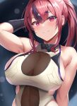  1girl arm_behind_head arm_up asanagi_shion azur_lane bare_shoulders black_gloves breasts bremerton_(azur_lane) cleavage cleavage_cutout closed_mouth clothing_cutout commentary_request crossed_bangs elbow_gloves gloves grey_hair hair_between_eyes highres large_breasts leotard long_hair looking_at_viewer mole mole_under_eye multicolored_hair navel_cutout official_alternate_costume official_alternate_hairstyle pink_eyes pink_hair ponytail see-through see-through_cleavage sidelocks smile solo streaked_hair two-tone_hair upper_body white_leotard 