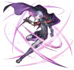  1boy belt black_cape cape dagger fire_emblem fire_emblem:_three_houses fire_emblem_heroes holding holding_dagger holding_knife holding_weapon knife leg_armor looking_at_viewer medium_hair official_art open_mouth purple_cape purple_eyes purple_hair slashing solo teeth weapon white_background yuri_leclerc 