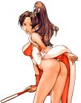  1girl absurdres ass bare_shoulders breasts brown_eyes brown_hair capcom_vs_snk capcom_vs_snk_2 commentary_request fatal_fury folded_fan folding_fan from_side hand_fan high_ponytail highres holding japanese_clothes long_hair looking_at_viewer medium_breasts ninja nishimura_kinu official_art parted_bangs parted_lips pelvic_curtain ponytail revealing_clothes rope shiranui_mai sideboob simple_background sleeveless solo the_king_of_fighters thighs white_background 