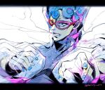  1boy blue_hair blue_nails breath clenched_teeth cryokinesis curly_hair ghiaccio glasses hatoyama_itsuru ice jojo_no_kimyou_na_bouken male_focus red-framed_eyewear solo teeth vento_aureo 